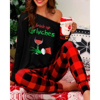 Christmas Graphic Gingham Print Long Sleeve Pajamas Set - black