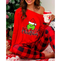 Christmas Graphic Letter Plaid Print Cold Shoulder Pajamas Set - red