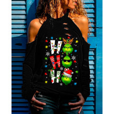 Christmas Graphic Letter Print Cold Shoulder Top - black