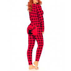 Christmas Graphic Plaid Print Functional Buttoned Flap Adults Pajamas - red