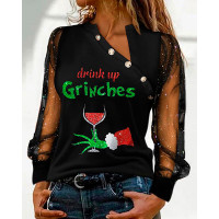 Christmas Graphic Print Glitter Sheer Mesh Long Sleeve Top - black