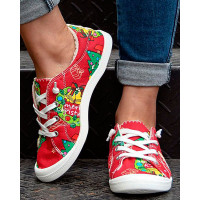 Christmas Graphic Print Lace-up Lined Canvas Sneakers - red