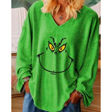 Christmas Graphic Print Long Sleeve Casual Top - green