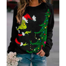 Christmas Graphic Print Long Sleeve Top - black