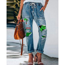 Christmas Graphic Print Ripped Drawstring Jeans - blue