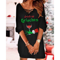 Christmas Graphic Wine Glass Print Casual Dress - black