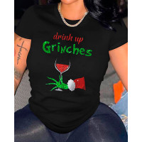 Christmas Graphic Wine Glass Print Casual T-shirt - black