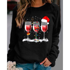 Christmas Hat Wine Glass Print Long Sleeve Top - black