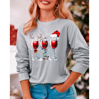 Christmas Hat Wine Glass Print Long Sleeve Top - gray