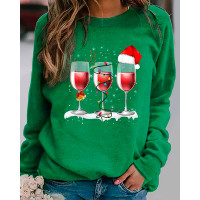 Christmas Hat Wine Glass Print Long Sleeve Top - green