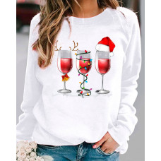 Christmas Hat Wine Glass Print Long Sleeve Top - white