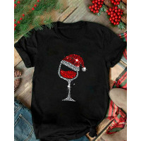 Christmas Hat Wine Glass Print Short Sleeve T-shirt - black