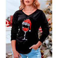 Christmas Hat Wine Glasses Print Long Sleeve Top - black