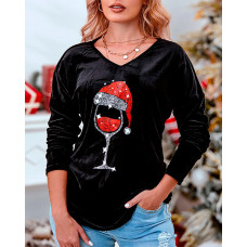 Christmas Hat Wine Glasses Print Long Sleeve Top - black