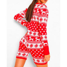 Christmas Heart Deer Snowflake Print Knit Romper - red