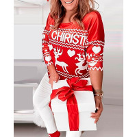 Christmas Letter Deer Print Long Sleeve Top - red