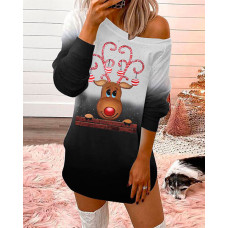 Christmas Letter Elk Print Long Sleeve Sweatshirt Dress - style1