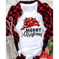 Christmas Letter Hat Print Casual T-shirt - white