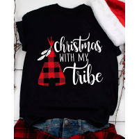 Christmas Letter Plaid Print Casual T-shirt - black