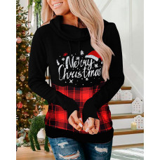 Christmas Letter Plaid Print High Neck Sweatshirt - red