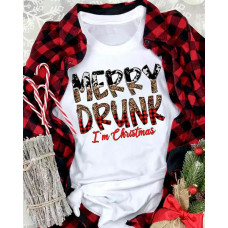 Christmas Letter Print Casual T-shirt - white