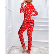 Christmas Letter Print Functional Buttoned Flap Adults Pajamas - red