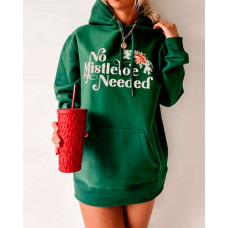 Christmas Letter Print Long Sleeve Drawstring Hoodie - green