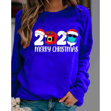 Christmas Letter Print Long Sleeve Top - blue