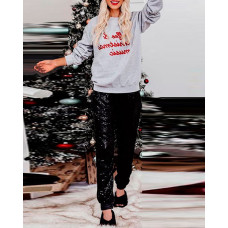 Christmas Letter Print Top & Seqins Pants Set - gray