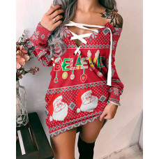 Christmas Letter Santa Print Eyelet Lace-up Sweatshirt Dress - red