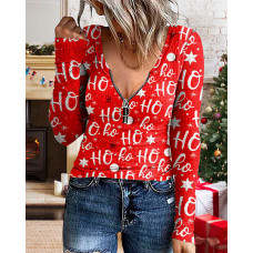 Christmas Letter Star Print Zip Front Long Sleeve Top - red