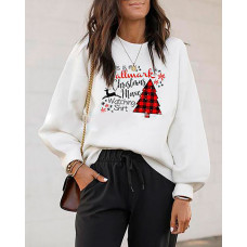 Christmas Long Sleeve Casual Letter Tree Print Sweatshirt - white