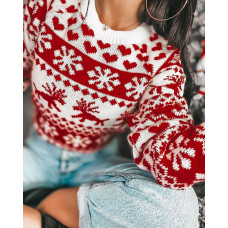 Christmas Long Sleeve Mixed Print V-Neck Ugly Sweater - red