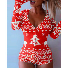 Christmas Long Sleeve Plunge Lounge Romper - red