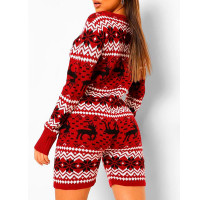 Christmas Long Sleeve Snowflake Deer Print Knit Romper - Dark Red