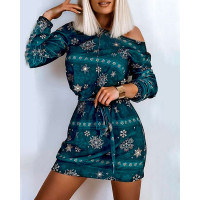 Christmas Long Sleeve Snowflake Print Casual Dress - green