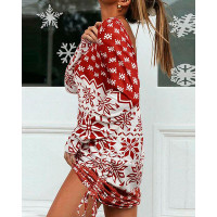 Christmas Long Sleeve Snowflake Print Drawstring Dress - red