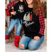 Christmas Long Sleeve Tree Letter Plaid Print Top - black