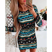 Christmas Mixed Print Long Sleeve Bodycon Dress - Multicolor