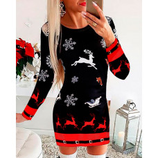 Christmas Mixed Print Long Sleeve Dress - black