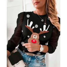 Christmas Moose Print Puffed Sleeve Top - black