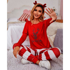 Christmas Moose Print Top & Drawstring Pants Set - red