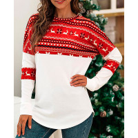 Christmas O Neck Coloblock Geometric Print Casual Top - red