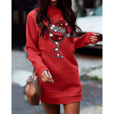 Christmas O Neck Red Wine Glass Rhinestone Sweatshirt Dress - red