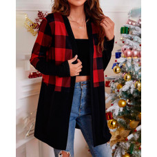 Christmas Open Front Plaid Print Long Sleeve Cardigan - red