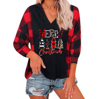 Christmas Plaid Letter Plants Print Hooded Top - red