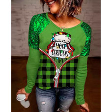 Christmas Plaid Print Contrast Sequin Long Sleeve Top - green