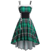 Christmas Plaid Print Lace-up Fuzzy Trim Ruched Dress - green