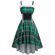 Christmas Plaid Print Lace-up Fuzzy Trim Ruched Dress - green