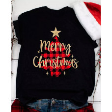 Christmas Plaid Tree Letter Print Casual T-shirt - black